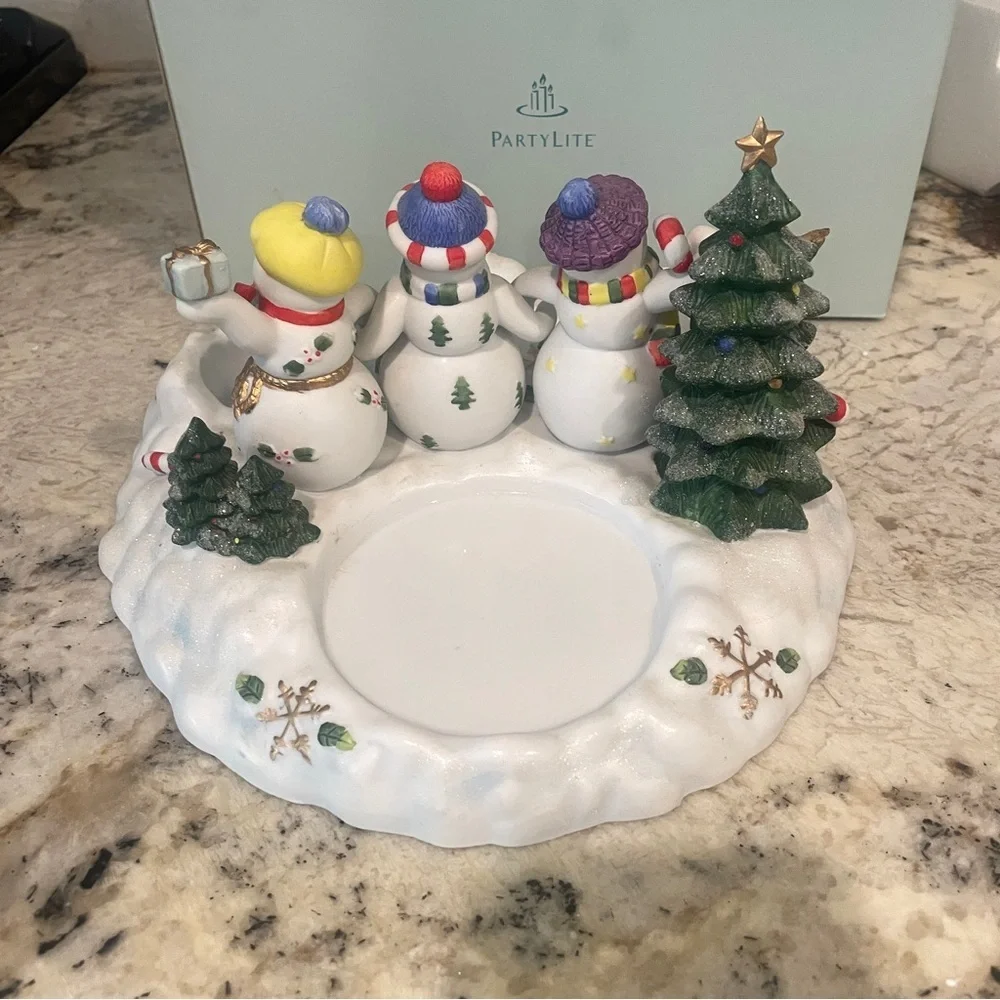 Partylite Snowman Trio Pillar & Tealight Holiday Candle Holder Snowmen 10
